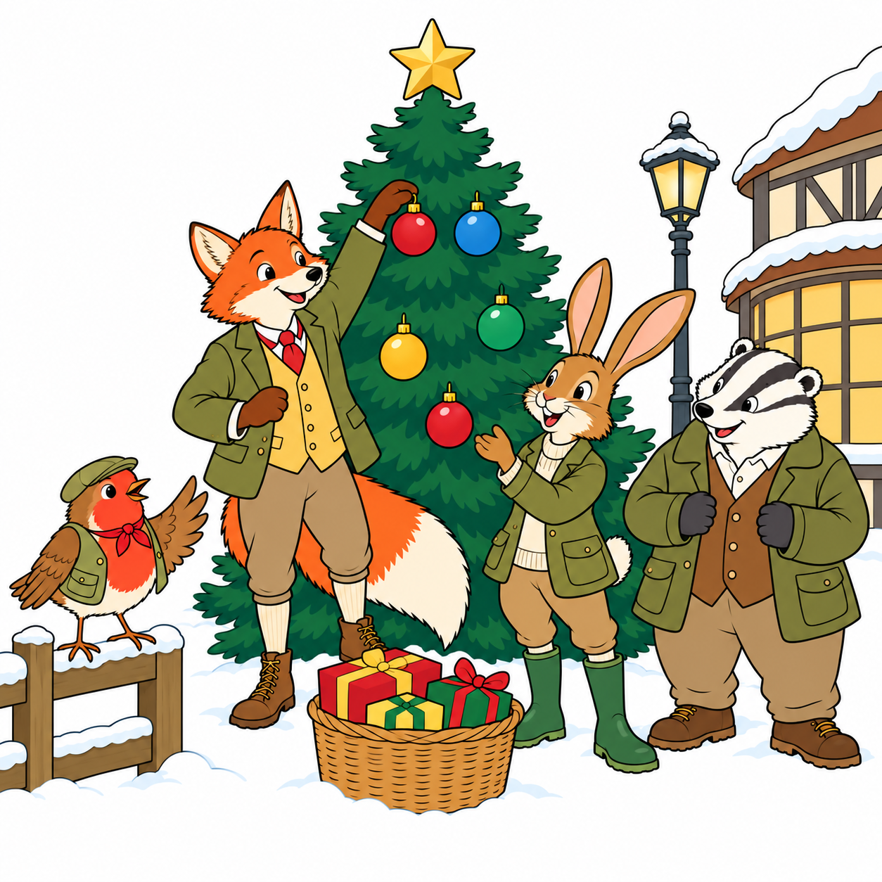 Robin, Fox, Hare and Badger decorating a Christmas tree in their country clothes